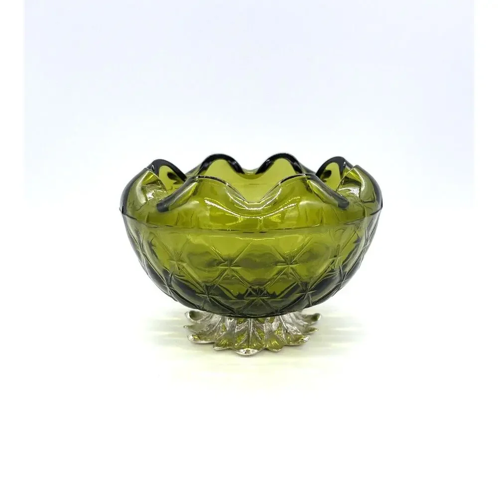 Indiana Glass Olive Green Quilted Diamond Rose Bowl Crimped Rim Metal Leaf Base
